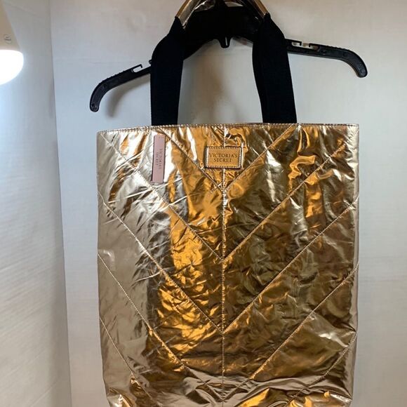 Victorias Secret rose gold tote with black canvas and rose gold straps/handles - Picture 1 of 8
